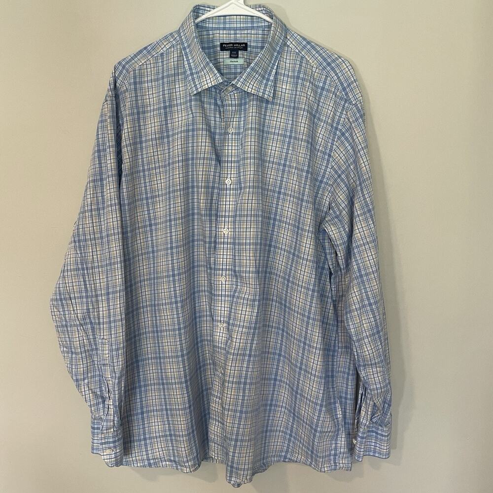Peter Millar Flex Finish Shirt Mens 2XL‎ Blue Plaid Crown Crafted Long Sleeve